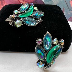 Florenza Blue Green Glass CLIP Earrings